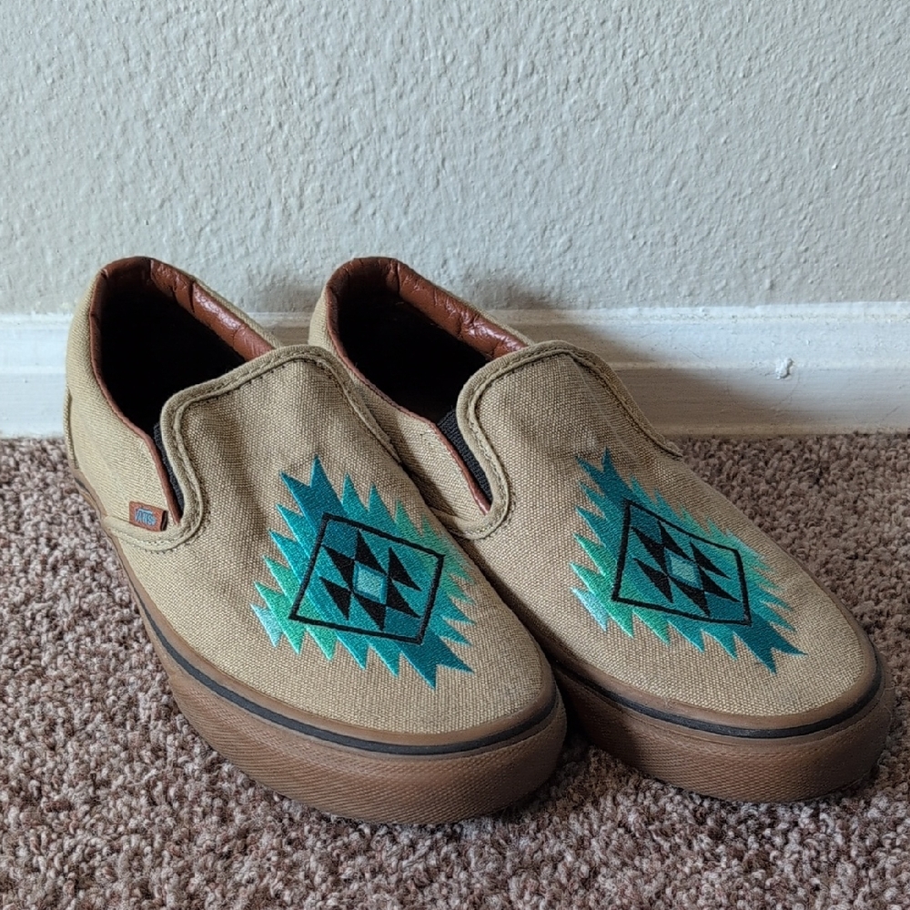 Men's Tan Slip-On Shoes with Blue Pattern